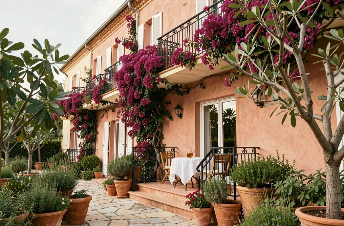 Façade rose de la Villa Marie Saint-Tropez couverte de bougainvilliers avec terrasse privée et jardin méditerranéen luxuriant