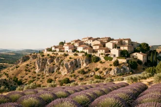 Vue panoramique d'un village perché typique de Provence-Alpes-Côte d'Azur avec toits en tuiles romaines et paysage méditerranéen