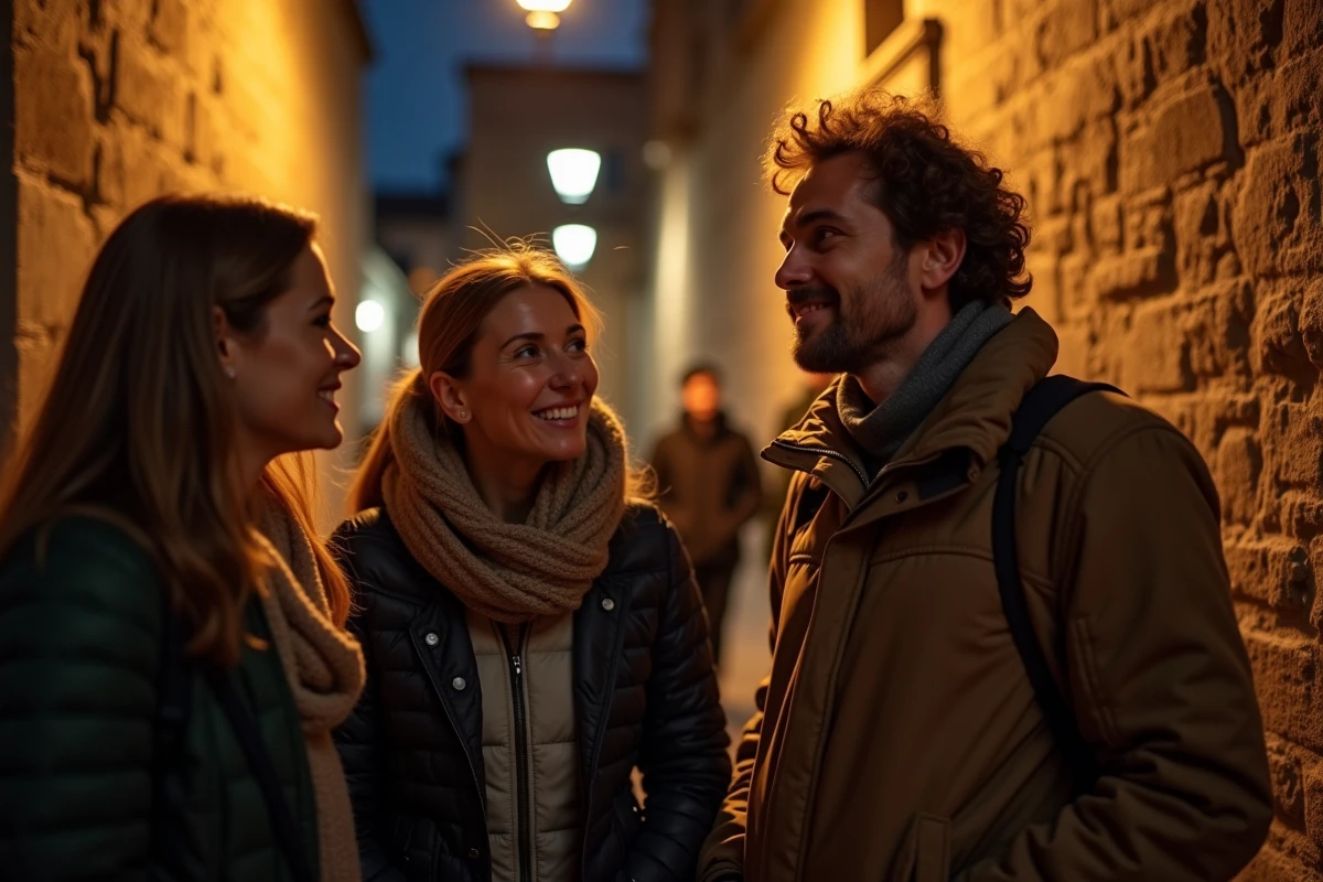 Groupe de visiteurs adultes lors d'une visite nocturne guidée de la tour de Piz, exprimant curiosité et émerveillement dans une ruelle médiévale
