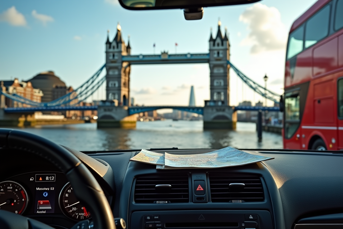 Voiture garée près du Tower Bridge avec bus rouge à Londres