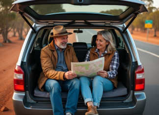 Légalité du camping en voiture en Australie : règles et conseils Couple voyageant en voiture en Australie avec carte