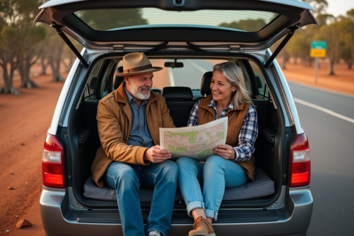 voyage-voiture-australie Couple voyageant en voiture en Australie avec carte