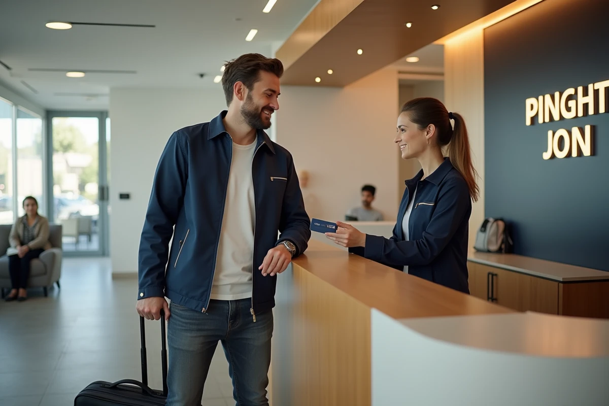 Voyageur en correspondance enregistrant son arrivée à la réception de l'Etap Hôtel Strasbourg Gare