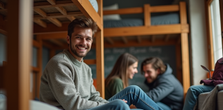 Meilleure option d’hébergement : auberge ou autre ? Jeune homme souriant dans une auberge de jeunesse conviviale