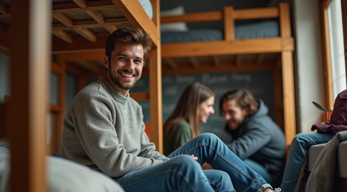 Jeune homme souriant dans une auberge de jeunesse conviviale