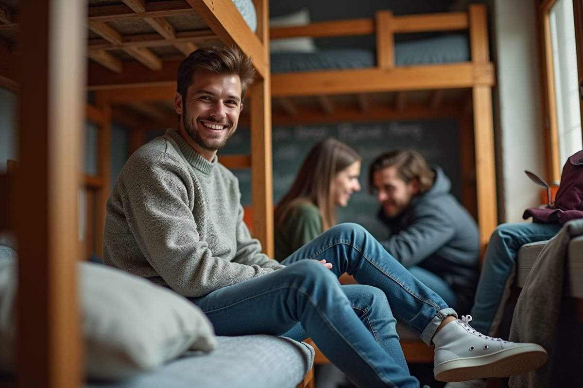 Jeune homme souriant dans une auberge de jeunesse conviviale