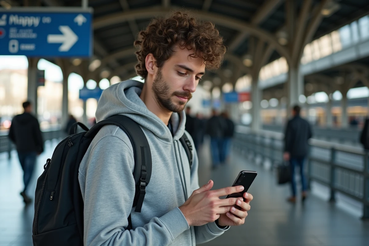 Voyageur consultant l'itinéraire Mappy en transports en commun devant une gare