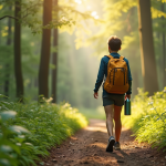 Voyager responsable : les raisons fondamentales d’un tourisme éco-conscient Jeune voyageur dans la forêt avec bouteille réutilisable