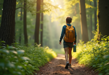Jeune voyageur dans la forêt avec bouteille réutilisable