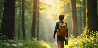 Jeune voyageur dans la forêt avec bouteille réutilisable