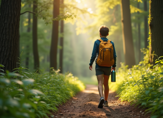 Jeune voyageur dans la forêt avec bouteille réutilisable