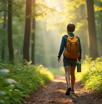 Jeune voyageur dans la forêt avec bouteille réutilisable