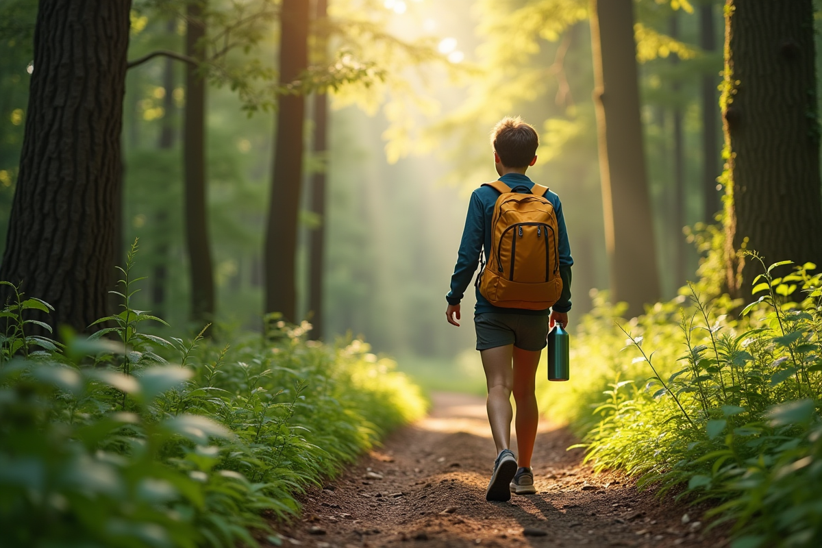 Jeune voyageur dans la forêt avec bouteille réutilisable