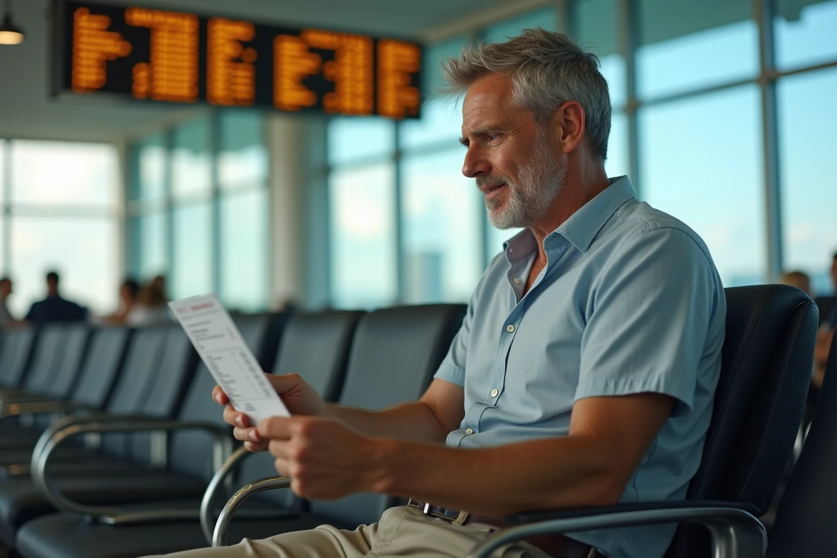 Voyageur consulte le tableau des départs à la salle d'embarquement de l'aéroport pour un vol Lyon République Dominicaine