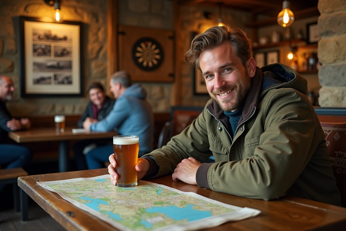 Voyageur solo consultant une carte dans un pub traditionnel de l'île de Man