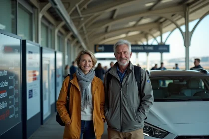 Couple voyageant en voiture près du terminal du tunnel sous la Manche