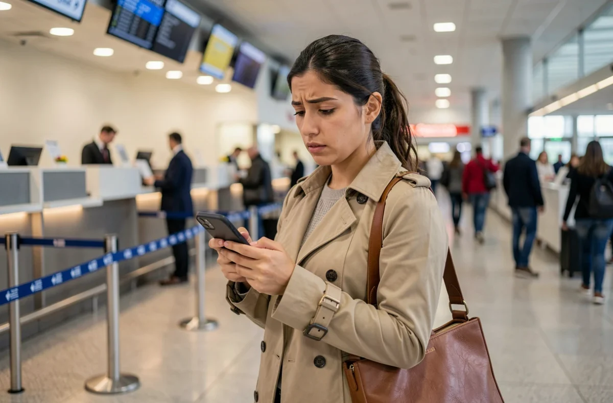 Voyageuse consultant une application de suivi de vol sur son téléphone à l'aéroport de Casablanca CMN
