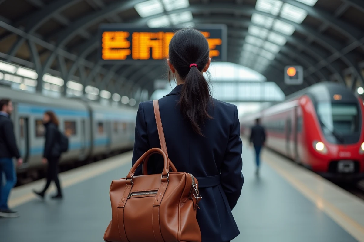 Voyageuse sur le quai de la gare de Lyon Part-Dieu regardant le panneau des départs pour l'Italie