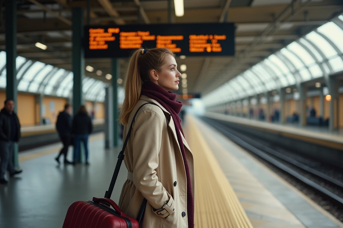 Voyageuse sur un quai de gare consultant le tableau des départs entre Montréal et New York avec sa valise à roulettes