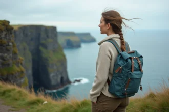 Voyageuse solo contemplant les falaises côtières de l'île de Man avec vue sur la mer d'Irlande