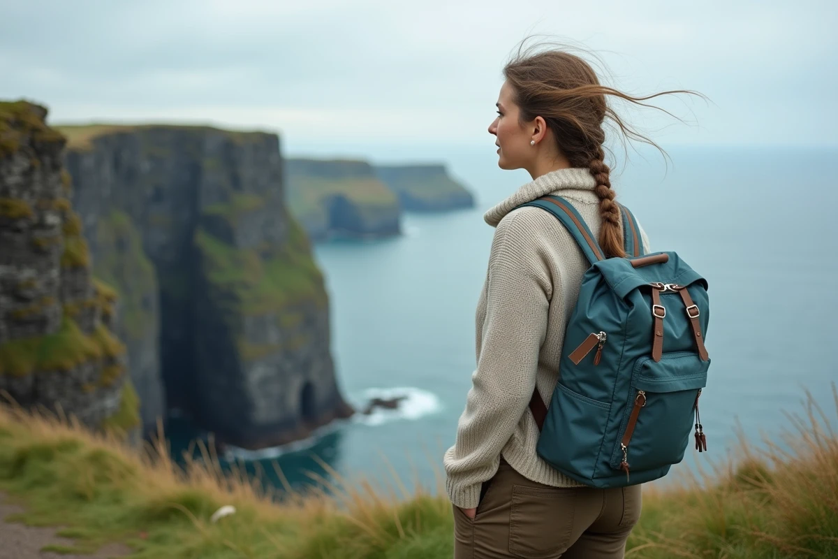 Voyageuse solo contemplant les falaises côtières de l'île de Man avec vue sur la mer d'Irlande