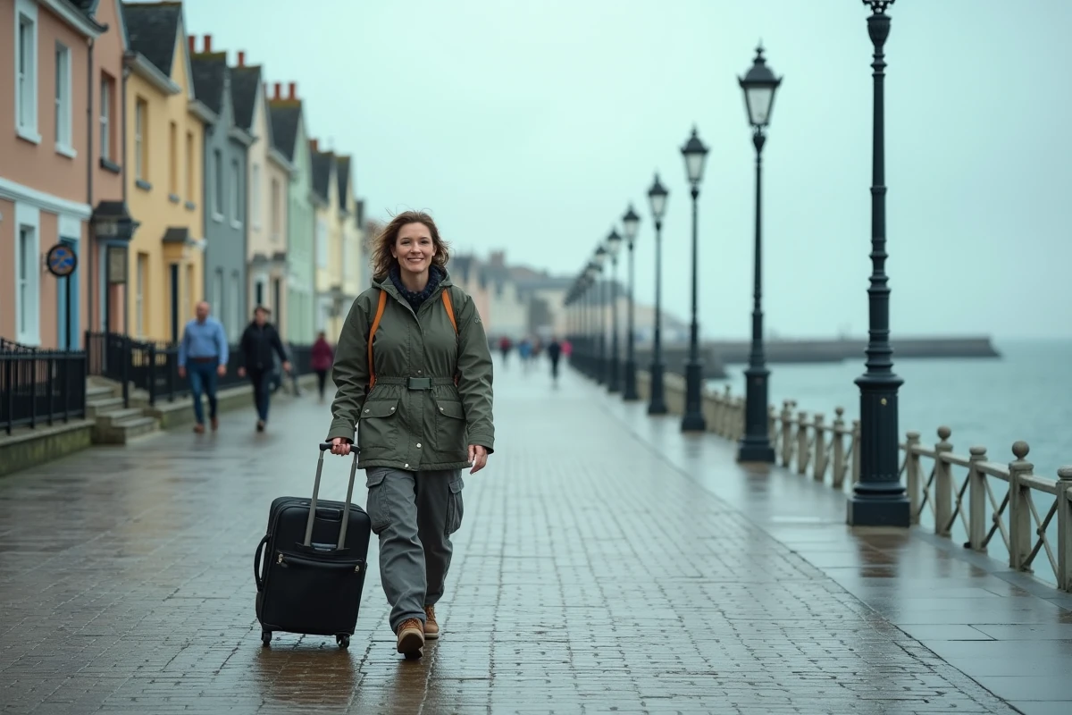 Voyageuse solo se promenant sur la promenade de Douglas, capitale de l'île de Man
