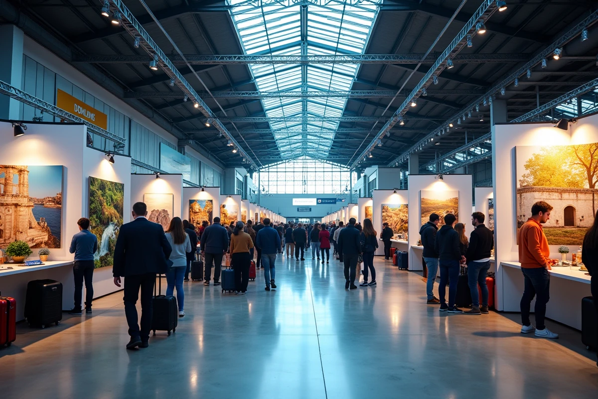 Vue panoramique du salon dédié aux blogueurs voyage avec stands et visiteurs dans un grand hall d'exposition