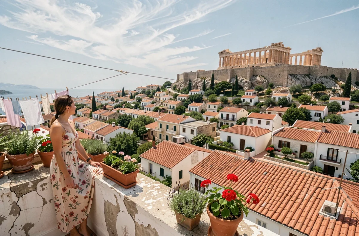 Vue panoramique depuis un toit du quartier Plaka avec l'Acropole en arrière-plan à Athènes